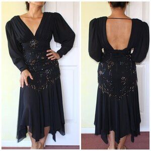 Vtg CASADEI Beaded Midi Dress Size S Plunge Neckline Whimsigoth Y2K Empire waist